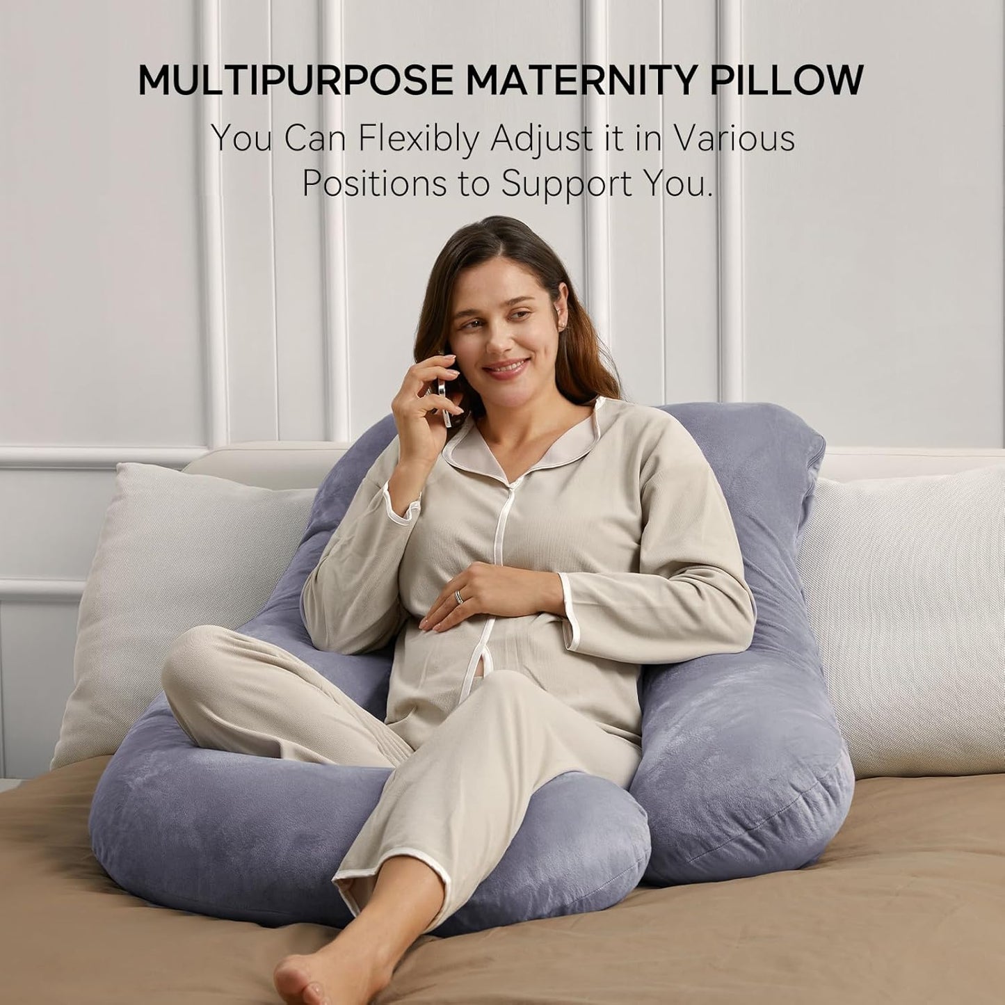 U-shaped full-body maternity sleep pillow with detachable cover grey