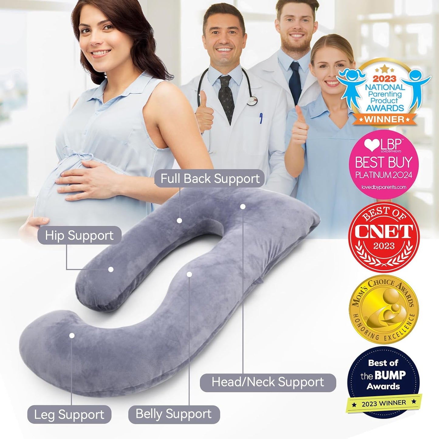 U-shaped full-body maternity sleep pillow with detachable cover grey